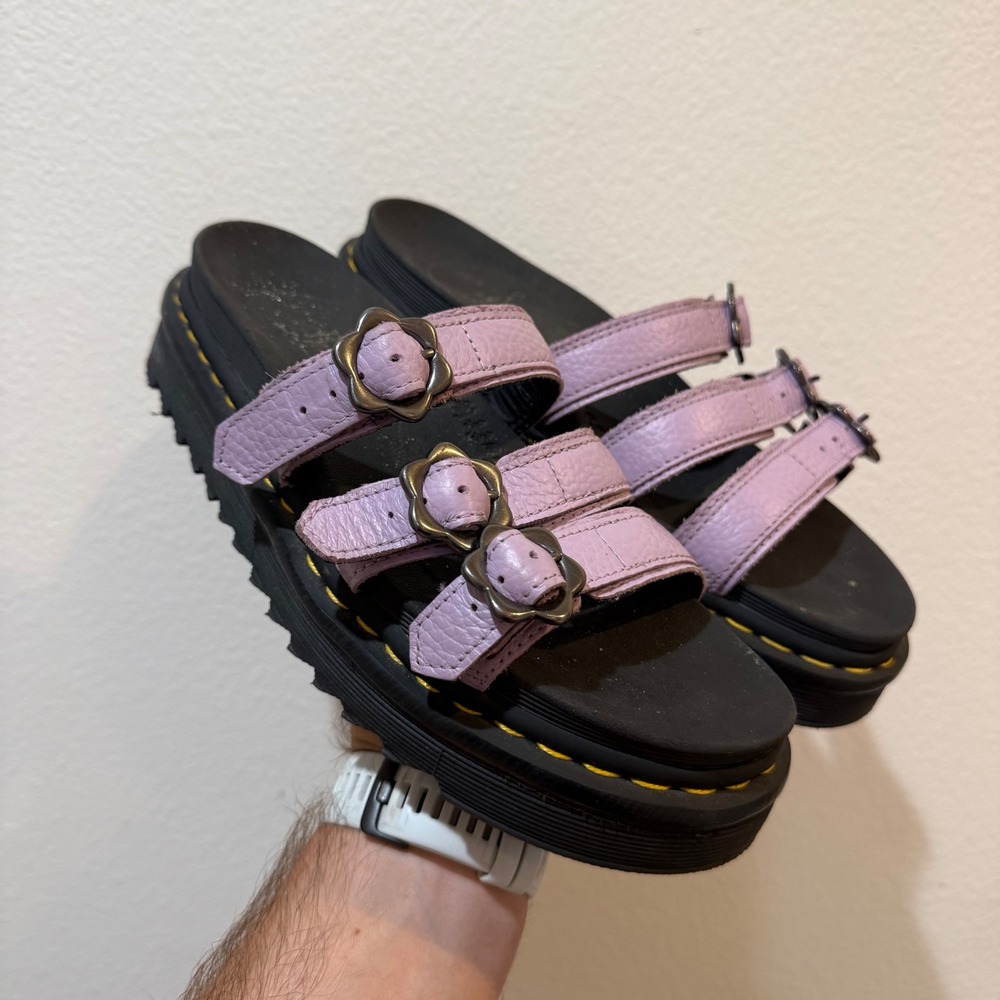Dr. Martens Blaire Flower Lilac Purple Leather Platform Slide Sandals Womens 9